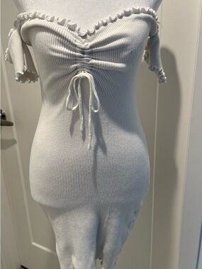 SUPERDOWN White Ribbed Off-Shoulder Dress